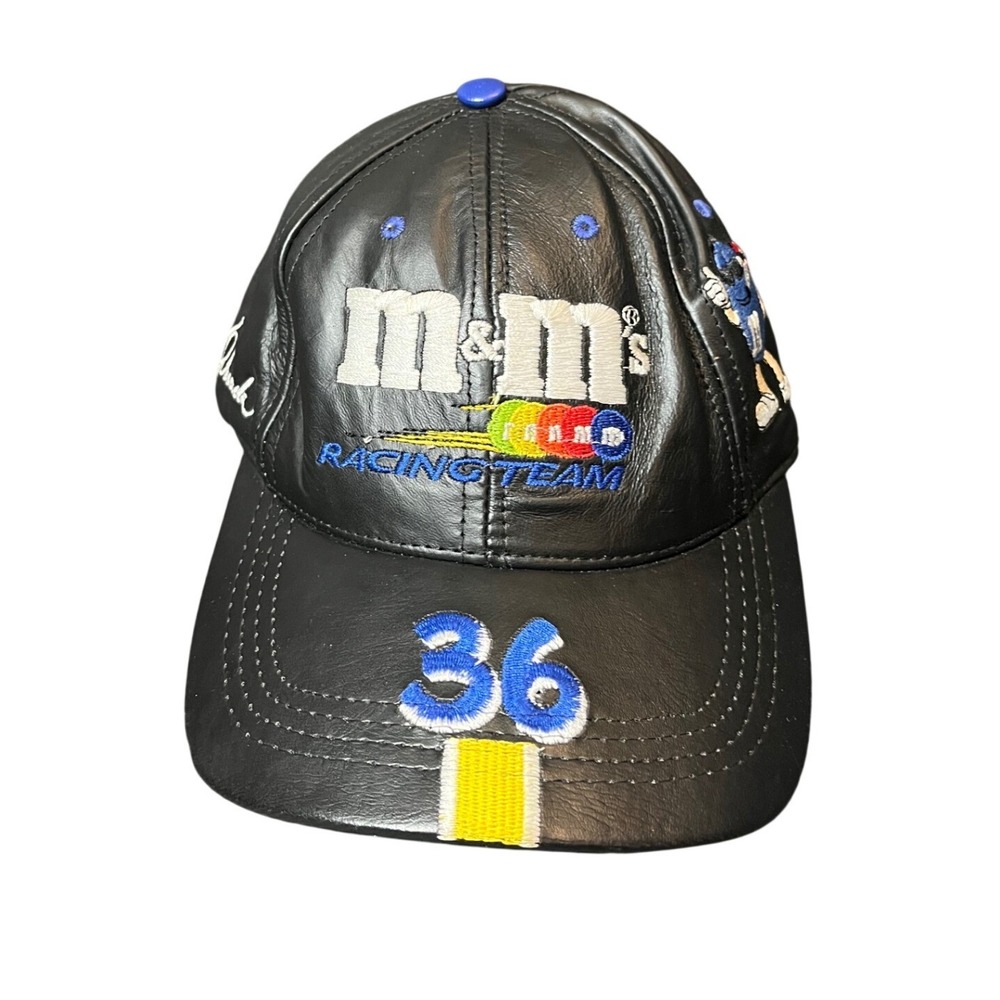 Vintage M&Ms Racing Team Hat Mens OSFA Black Leather Ken Schrader 36
